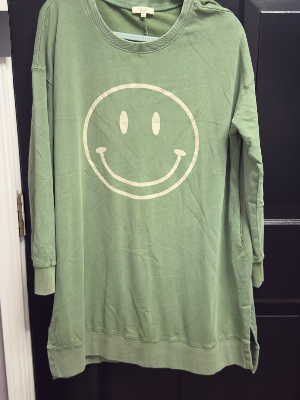 Easel Smiley Face Green Sweatshirt Dress - runs oversized. Womens